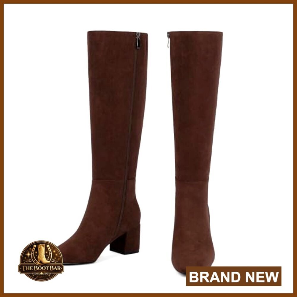 Knee High Boots Chunky Heel Square Toe Faux Suede Tall Boots - Picture 5 of 7